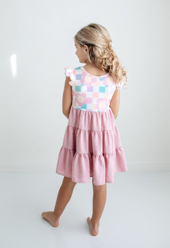 Vestido Niña Cuadros Pastel con Falda Rosa por Niveles | Tallas 2 a 5/6