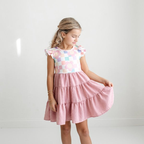 Vestido Niña Cuadros Pastel con Falda Rosa por Niveles | Tallas 2 a 5/6