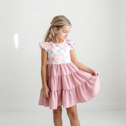 Vestido Niña Cuadros Pastel con Falda Rosa por Niveles | Tallas 2 a 5/6