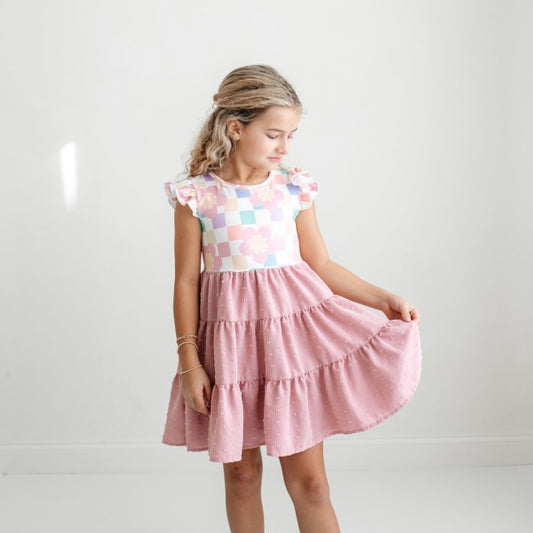 Vestido Niña Cuadros Pastel con Falda Rosa por Niveles | Tallas 2 a 5/6