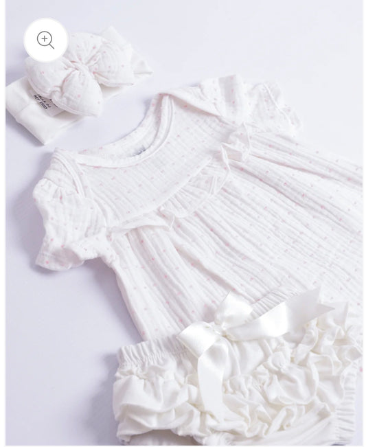 Set Bebé Niña | Trajecito Blanco Puntos Rosa con Cubre Pañal y Lazo