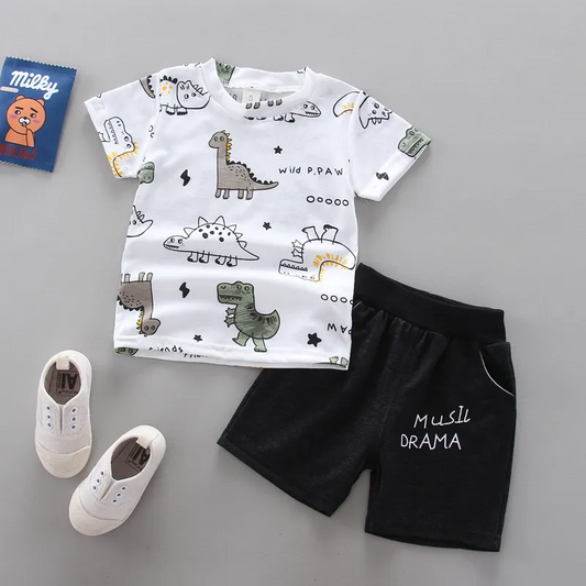 Conjunto de camiseta y pantalon corto con estampado de dinosaurio